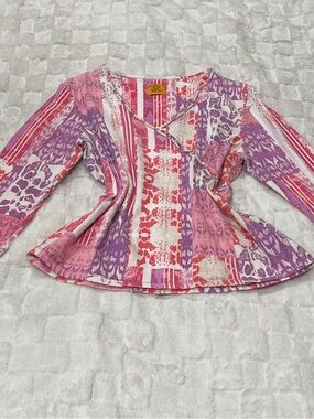 Ruby Rd. Pink Coral Lavender Striped Print Top